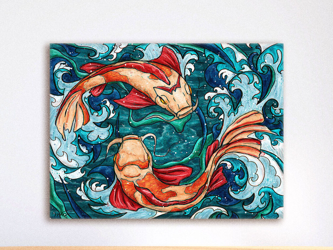 A colorful koi painting printed on stretched canvas.
