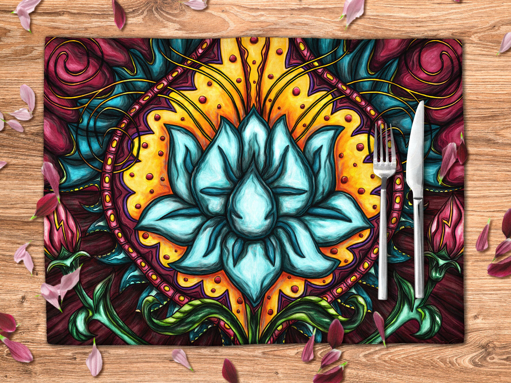 Fabric placemat printed with a colorful lotus art