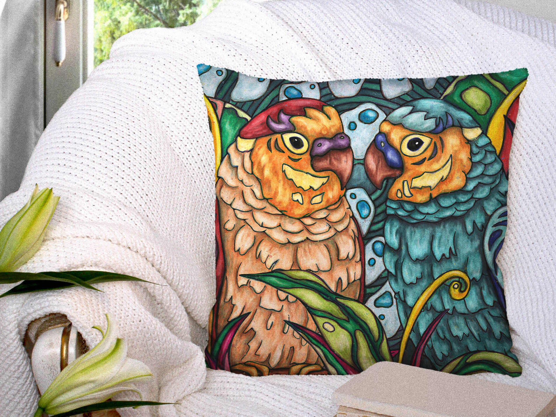 Throw pillow cover printed with a colorful lovebirds art.