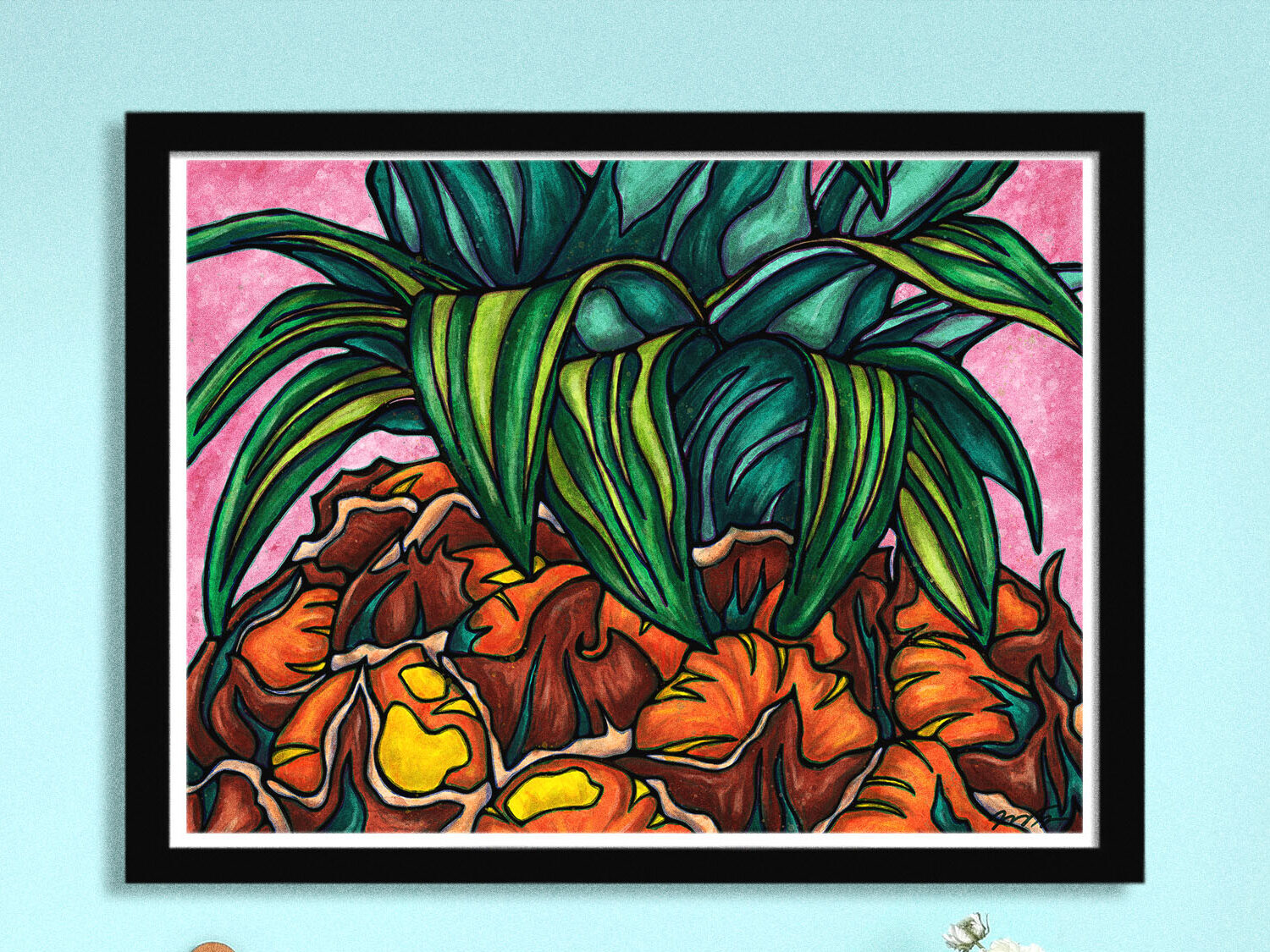 Colorful pineapple art print, close-up view.