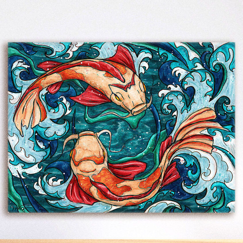 Art print on canvas in living room with copy space, 3D rendering A koi painting printed on stretched canvas.