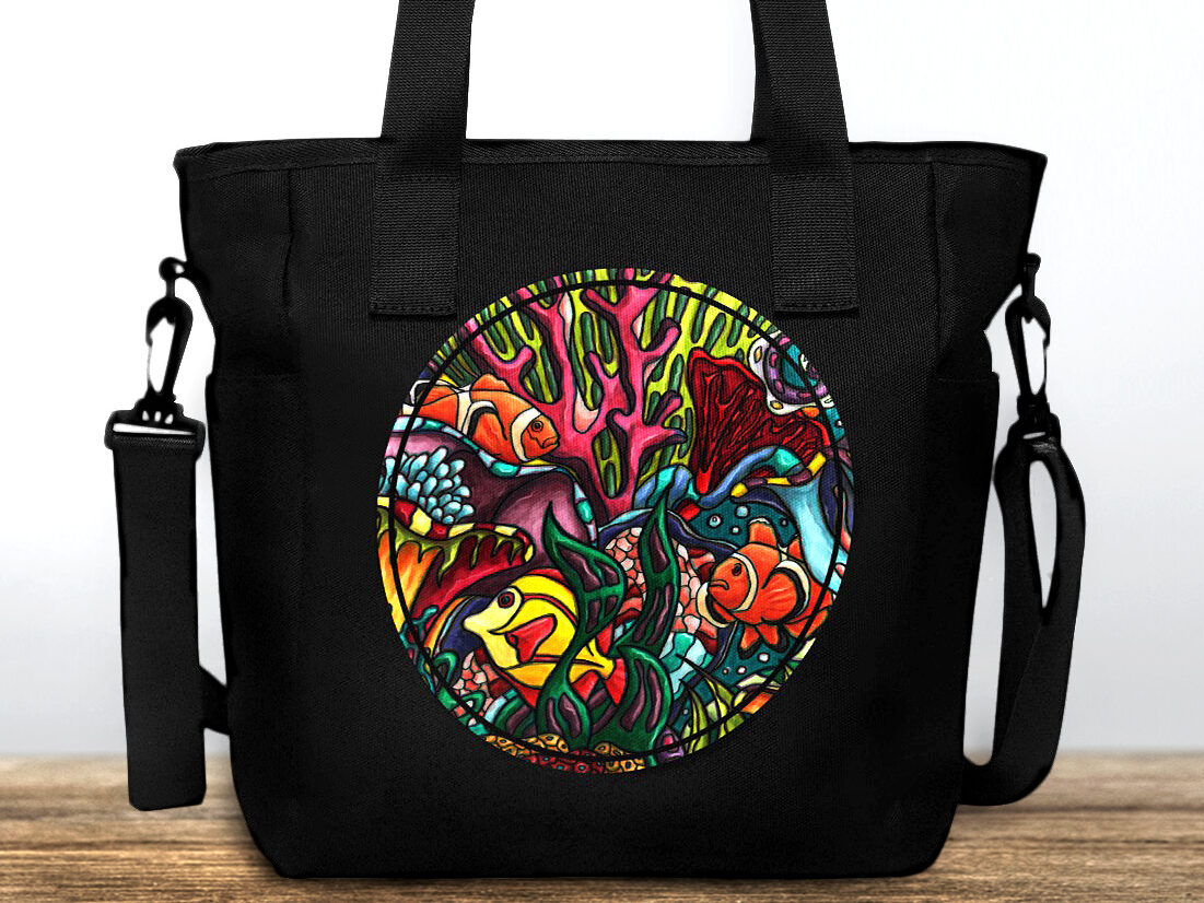 Black nylon tote bag, printed with a colorful tropical fish scenery